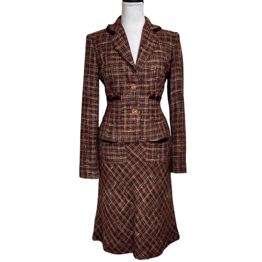 VTG Y2K Express Tweed Skirt Suit Set Size 8 6 Velvet Fringe Trim Preppy Sorority